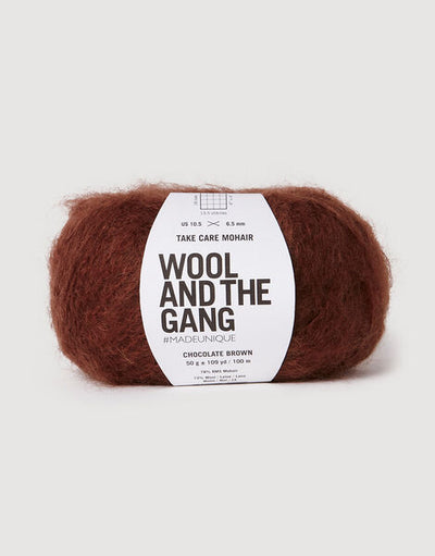 A voluminous 50g ball of Wool and the Gang Take Care Mohair, showing its iconic fluffy halo and soft, radiant fiber texture in chocolate brown colour