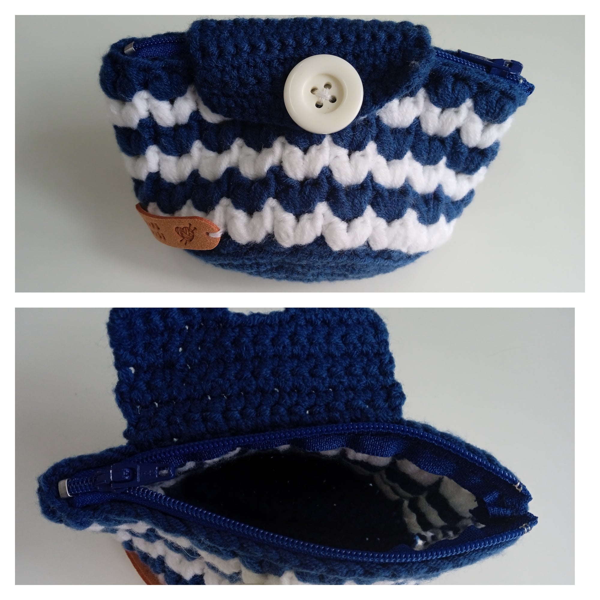 Blue and white striped crochet pouch with a button and zip. For sale. Hand crochet in Singapore