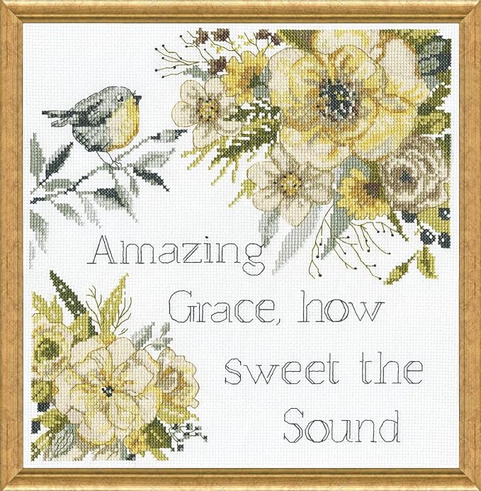 Cross-stitched design with flowers and text 'Amazing Grace, how sweet the Sound' in a wooden frame. full kit for sale