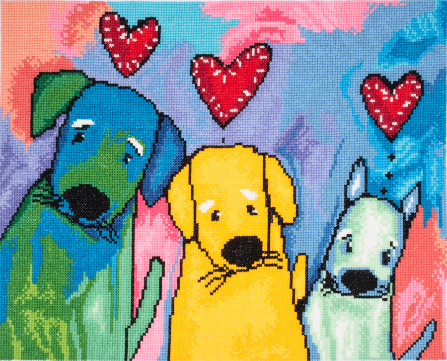 Three colorful dogs with hearts in the background Andy Warhol art style graphic cross stitch kit