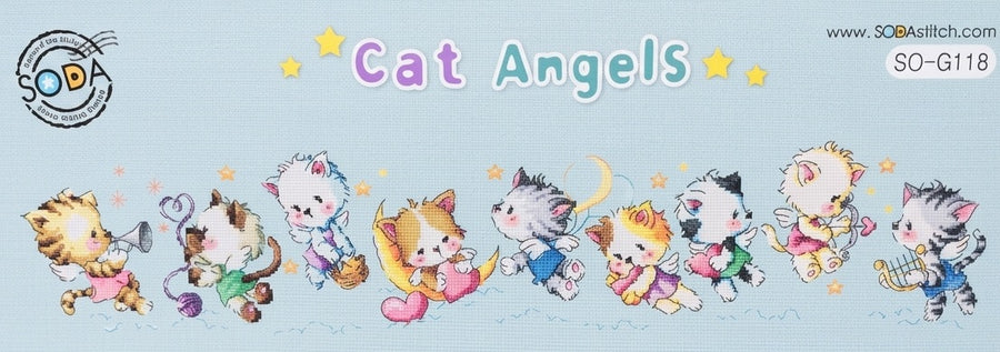 A professional-grade cross-stitch kit by SODA Stitch titled 'Cat Angels.' The high-definition design features a long, horizontal row of charming cats with angel wings and halos, each with its own boutique personality. The artwork style is whimsical and contemporary, perfect for a long 'statement piece' display