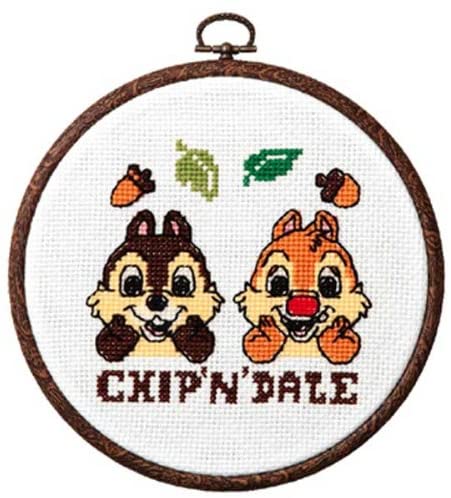Cross-stitched design of Chip and Dale with a wooden hoop on a white background