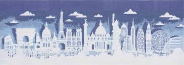 Illustrated city skyline with famous landmarks on a blue background masterpiece cross stitch kit 1 meter long
