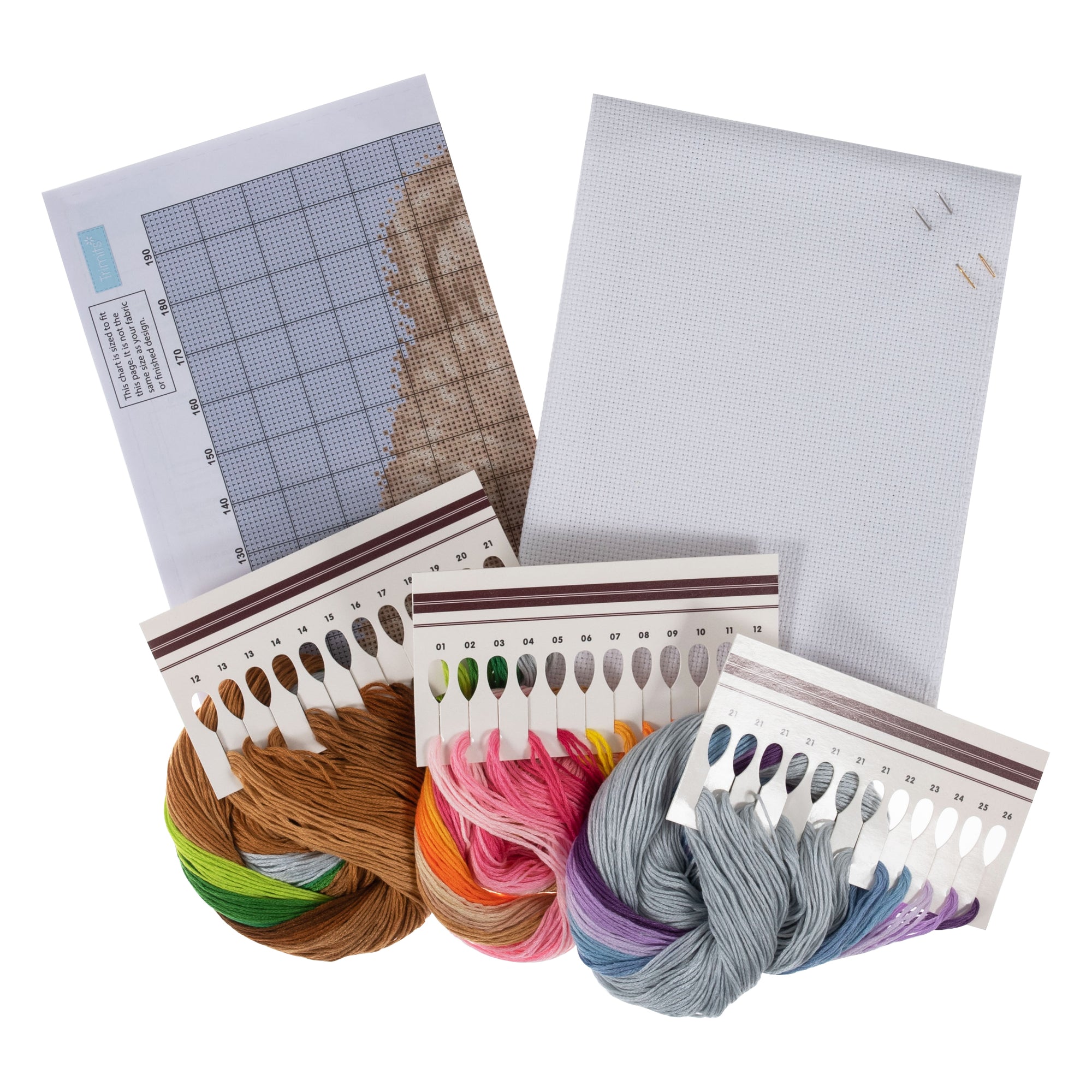 Organized contents of a DIY cross stitch kit; a curated Cross stitch set featuring all necessary supplies for a relaxing handmade needlepoint project