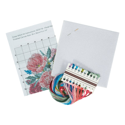 Complete cross stitch kit contents including premium pre-sorted embroidery floss, high-quality Aida fabric, a needle, and a clear printed pattern chart