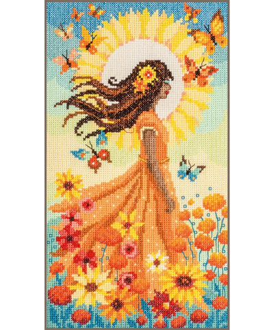 Cross-stitch pattern of a woman with flowing hair and orange dress surrounded by flowers and butterflies.