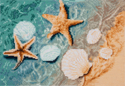 Cross-stitched design of starfish and shells on a textured fabric background