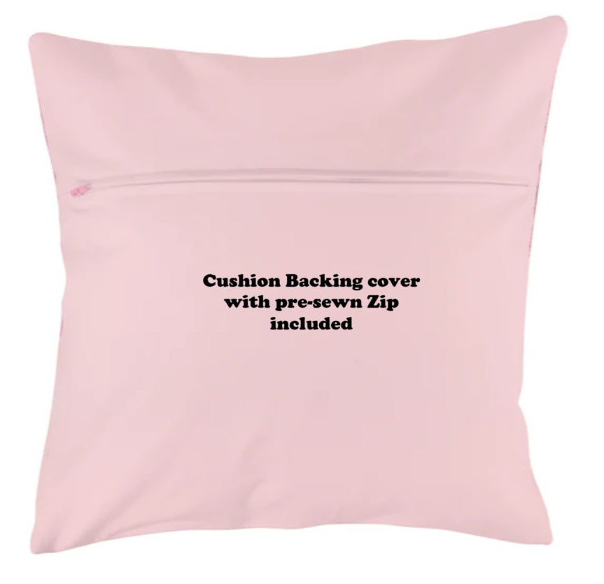 Pink cushion backing cover with pre-sewn zip on a white background