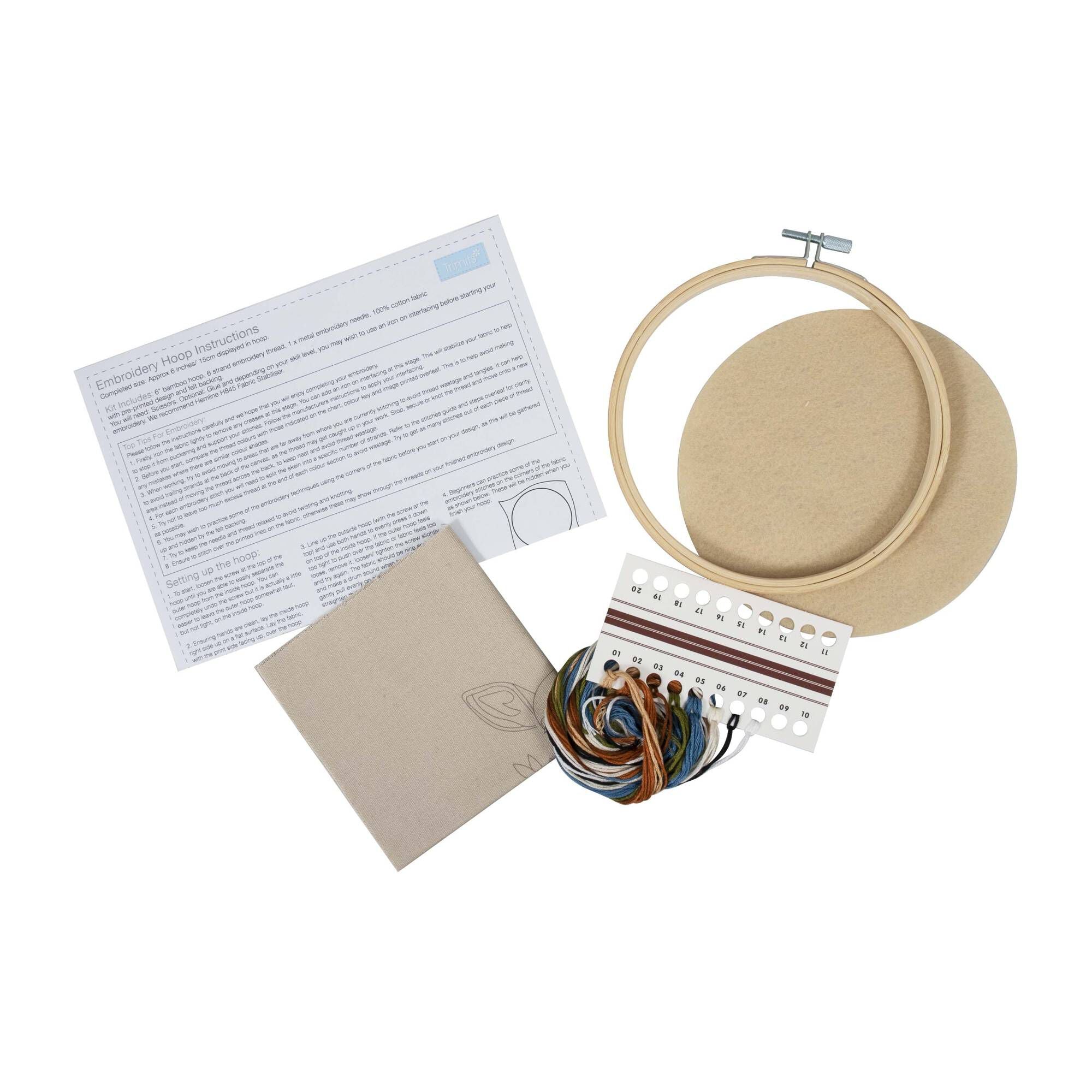 Embroidery kit with hoop, thread, pattern paper, and cardboard on a white background