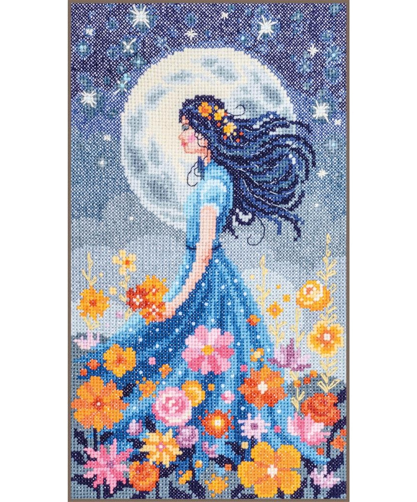 Cross-stitch pattern of a woman in a blue dress with flowers against a moonlit sky