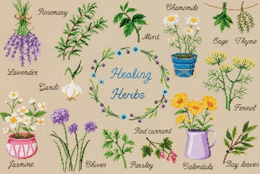 A professional-grade, large-scale botanical cross-stitch kit titled 'Healing Herbs.' The high-definition design features a structured herbarium layout, showcasing various medicinal herbs with their artisanal details and labels. The aesthetic is sophisticated and educational, resembling a classic botanical illustration or apothecary chart."