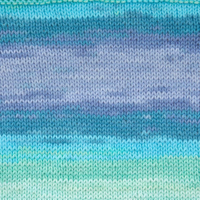 Close-up of blue and green striped fabric texture knitted using PREMIER Hipster®  100% cotton yarn. 4mm knitting needle. Suitable for Singapore weather