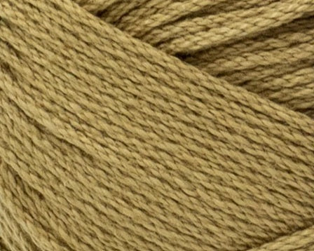 A skein of Lion Brand 24/7 Cotton yarn, highlighting the shiny mercerized finish and tightly plied 100% cotton texture in Hay Bale Colour
