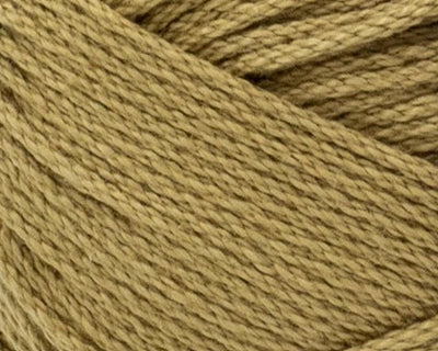 A skein of Lion Brand 24/7 Cotton yarn, highlighting the shiny mercerized finish and tightly plied 100% cotton texture in Hay Bale Colour