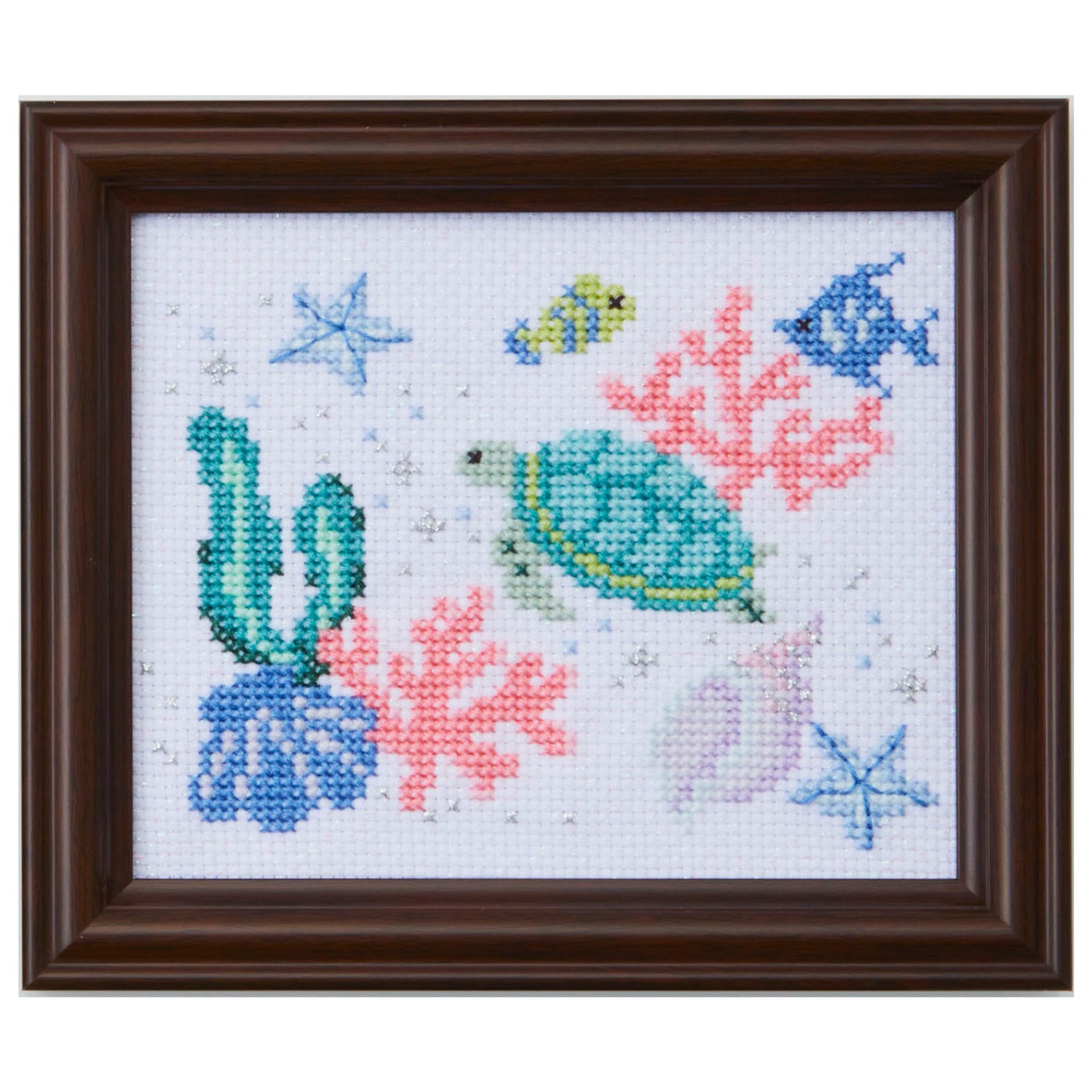 Olympus sea creatures with corals cross stitch kit containing premium embroidery floss, Aida cloth, and a detailed Japanese-designed pattern chart