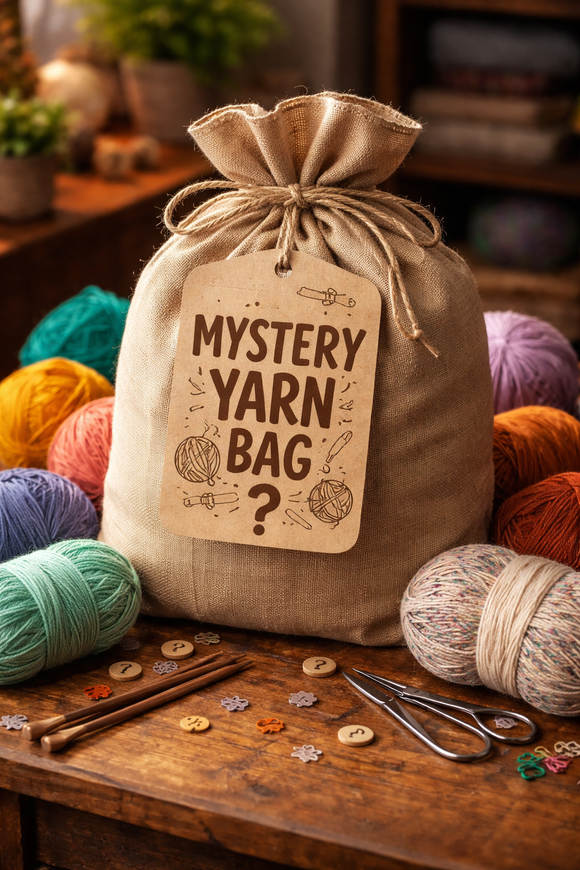 Woolly Stitch mystery bag filled with a curated selection of premium yarns and craft supplies—grab yours while supplies last.