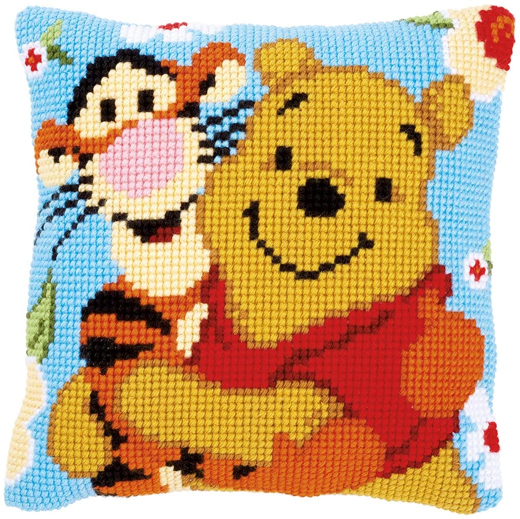 Tapestry Cross-stitched design of a bear and tiger on a blue background