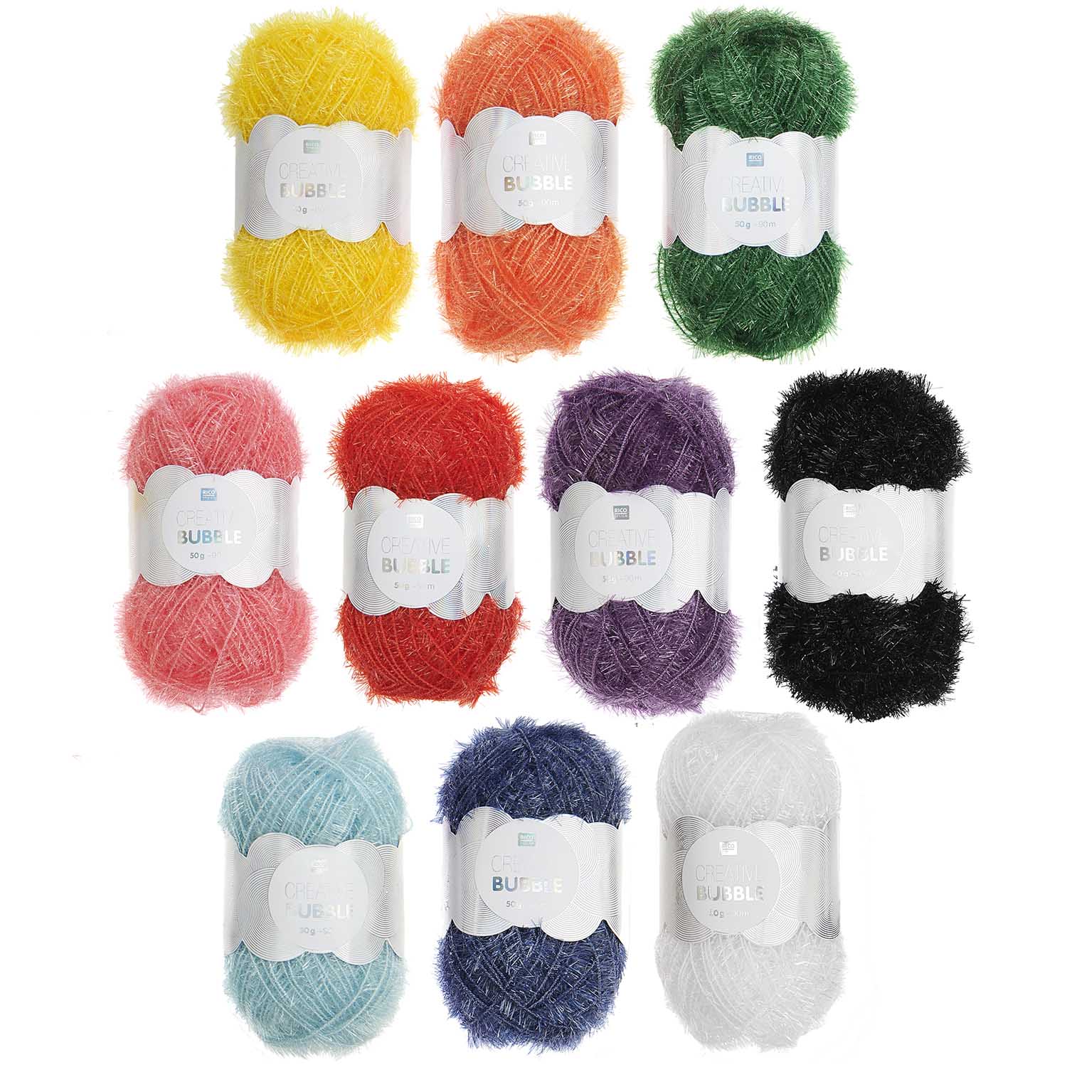 Rico Creative Bubble yarn in vibrant rainbow colors; a textured polyester scrubby yarn for crocheting fun and functional kitchen sponges.