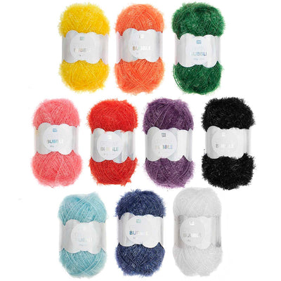 Rico Creative Bubble yarn in vibrant rainbow colors; a textured polyester scrubby yarn for crocheting fun and functional kitchen sponges.