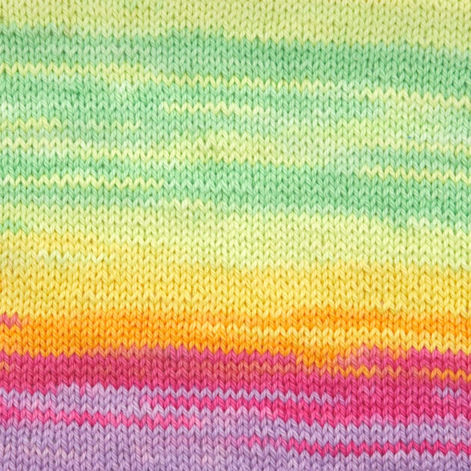 Close-up of multicolored striped fabric with green, yellow, pink, and purple hues using PREMIER Hipster®  100% cotton yarn. For Sale