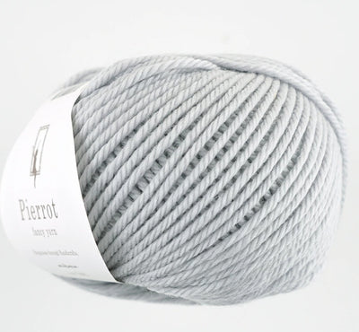 made in Japan yarn fine merino in silver grey.

Softest merino for baby clothes, luxury Japanese yarn, Pierrot Yarns online, high-quality wool for sweaters, boutique knitting supplies