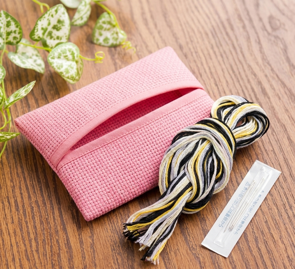 Pink woven pouch with black and yellow striped cross stitch thread on a wooden surface.
