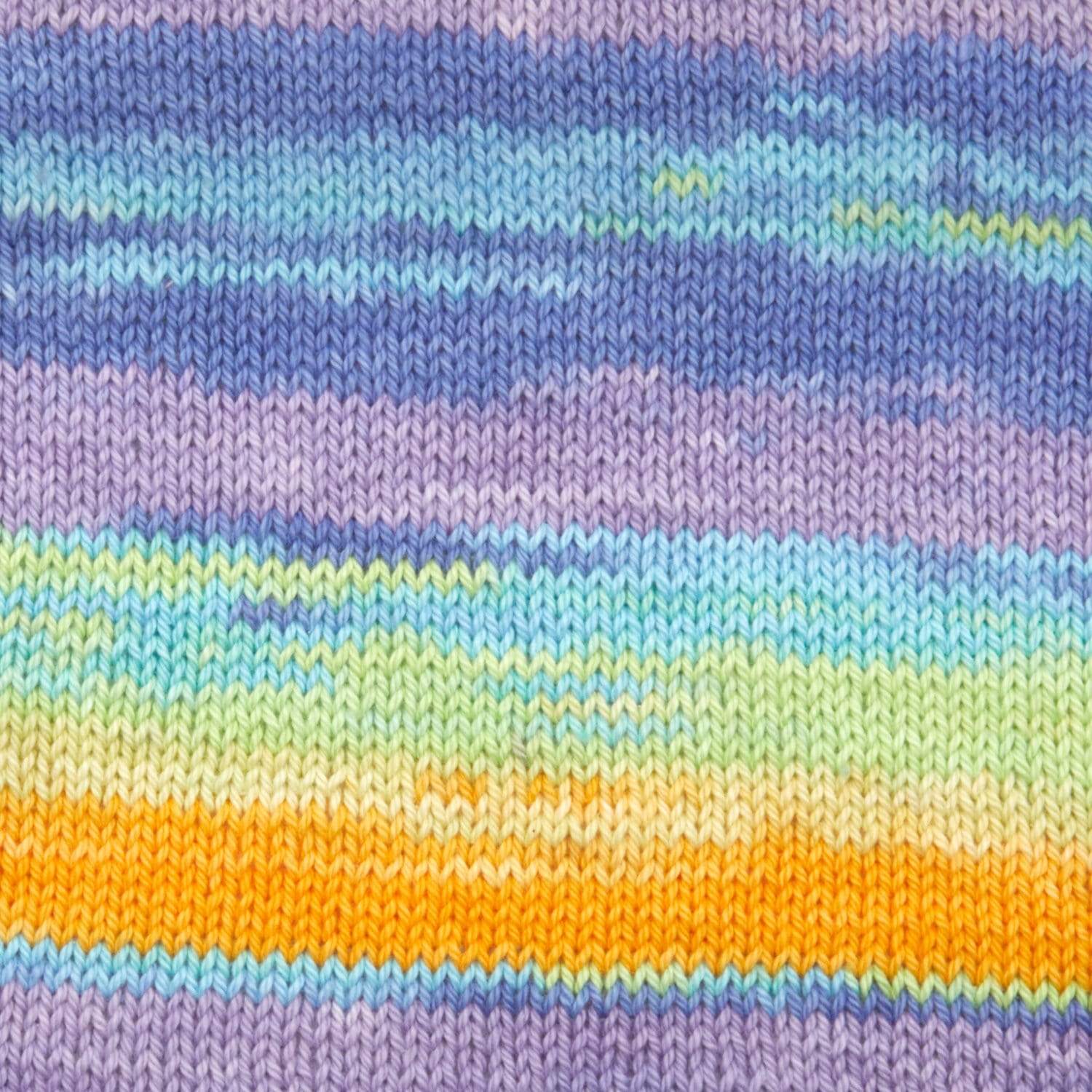 PREMIER Hipster®  100% cotton yarn purple, orange and tinge of blue knitted fabric with multicolored stripes.
