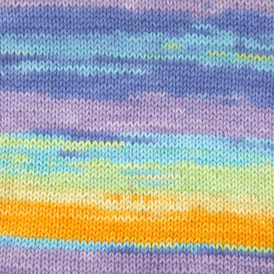PREMIER Hipster®  100% cotton yarn purple, orange and tinge of blue knitted fabric with multicolored stripes.