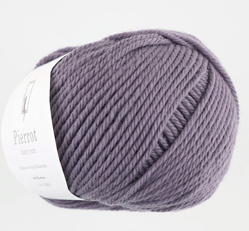 made in Japan yarn fine merino A skein of ultra-soft Pierrot Fine Merino wool yarn in a vibrant solid color, highlighting the smooth Japanese spinning technique in wisteria purple colour.