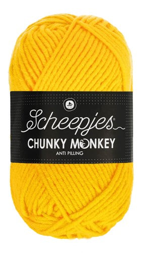 A blanket that's actually lived in. Chunky Monkey is soft enough for baby, tough enough for the dog, and machine washable for you. Crochet using 5.0mm hook in carnary yellow collur.