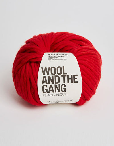 A bold red ball of Wool and the Gang Crazy Sexy Wool yarn with a label in the center against a white background in Lipstick Red Colour