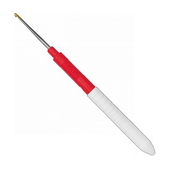 A steel crochet hook with a red and white handle, and a gold-colored gilded head.
