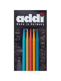 A professional set of Addi FlipStix Double-Pointed Needles (DPNs) made in Germany. The needles are crafted from high-quality, lightweight aluminum and feature a vibrant, color-coded finish
