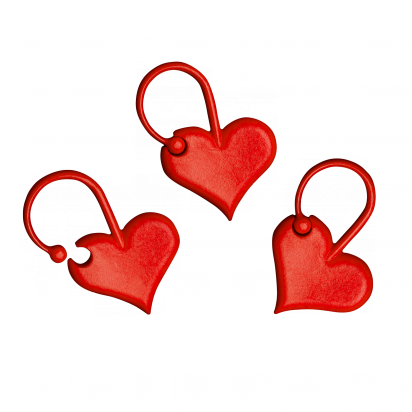 A professional-grade set of 10 Addi Love stitch markers. These high-definition knitting accessories are shaped like petite red hearts, crafted from smooth, high-quality plastic designed to glide effortlessly along knitting needles. The 'Made in Germany' quality is evident in their seamless, snag-free artisanal finish.
