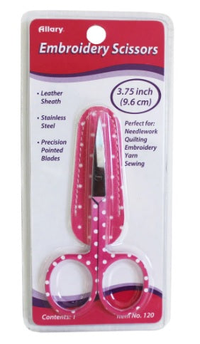 Allary 3.75-inch embroidery scissors with a sleek leather sheath, showing the precision pointed blades