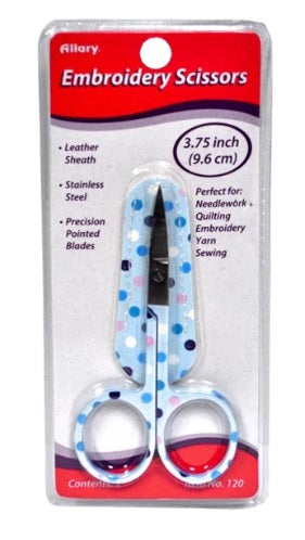 A pair of Allary embroidery scissors with a leather sheath, packaged on a hanging retail card. The scissors have light blue handles with polka dot design and metallic sheath. Discover the perfect blend of style and precision with Allary Embroidery Scissors. These 3.75-inch artisan snips feature ultra-sharp pointed blades and a protective leather sheath. Ideal for embroidery, quilting, and needlework. Available in assorted vintage-inspired designs. A must-have for every sewing kit—shop the collection now!