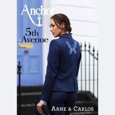 Cover of the Anchor 5th Avenue pattern book featuring a female model wearing a blue garment with a butterfly design on the back, with the logos 'Arne & Carlos'.

Upcycled fashion embroidery, Anchor needlework magazine, flora and fauna cross stitch, Scandinavian designer embroidery, high street fashion DIY Singapore.