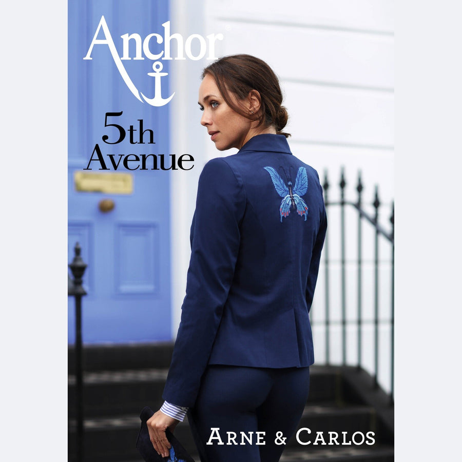 Cover of the Anchor 5th Avenue pattern book featuring a female model wearing a blue garment with a butterfly design on the back, with the logos 'Arne & Carlos'.

Upcycled fashion embroidery, Anchor needlework magazine, flora and fauna cross stitch, Scandinavian designer embroidery, high street fashion DIY Singapore.