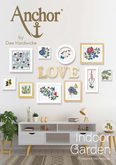 A promotional image featuring various cross stitch and embroidery designs with floral motifs, decorative words like 'LOVE', and a ' indoors Garden' theme. The Anchor brand logo is visible at the top.