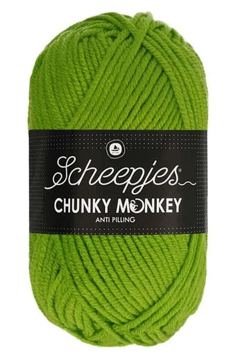 A blanket that's actually lived in. Chunky Monkey is soft enough for baby, tough enough for the dog, and machine washable for you. Crochet using 5.0mm hook in green fern colour