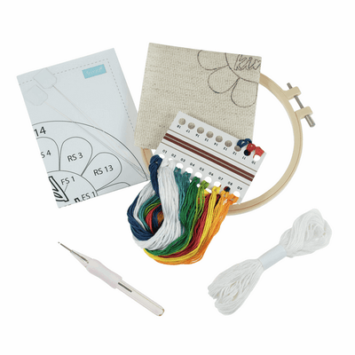 A complete "Be Kind" punch needle kit by Trimits, featuring a pre-printed fabric panel, an embroidery hoop, colorful yarn, and a punch needle tool for a textured DIY wall hanging.