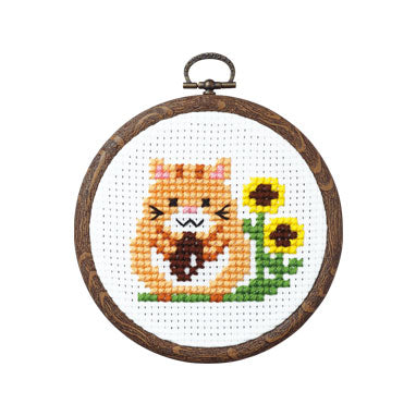 The 'Hamster and Sunflower' finished design, showcasing the clean 9-count stitches and the elegant circular hoop frame