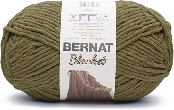 Bernat Blanket 300g super bulky chenille yarn in Olive Color a 100% polyester soft-touch yarn for quick-knit afghans and crochet blankets