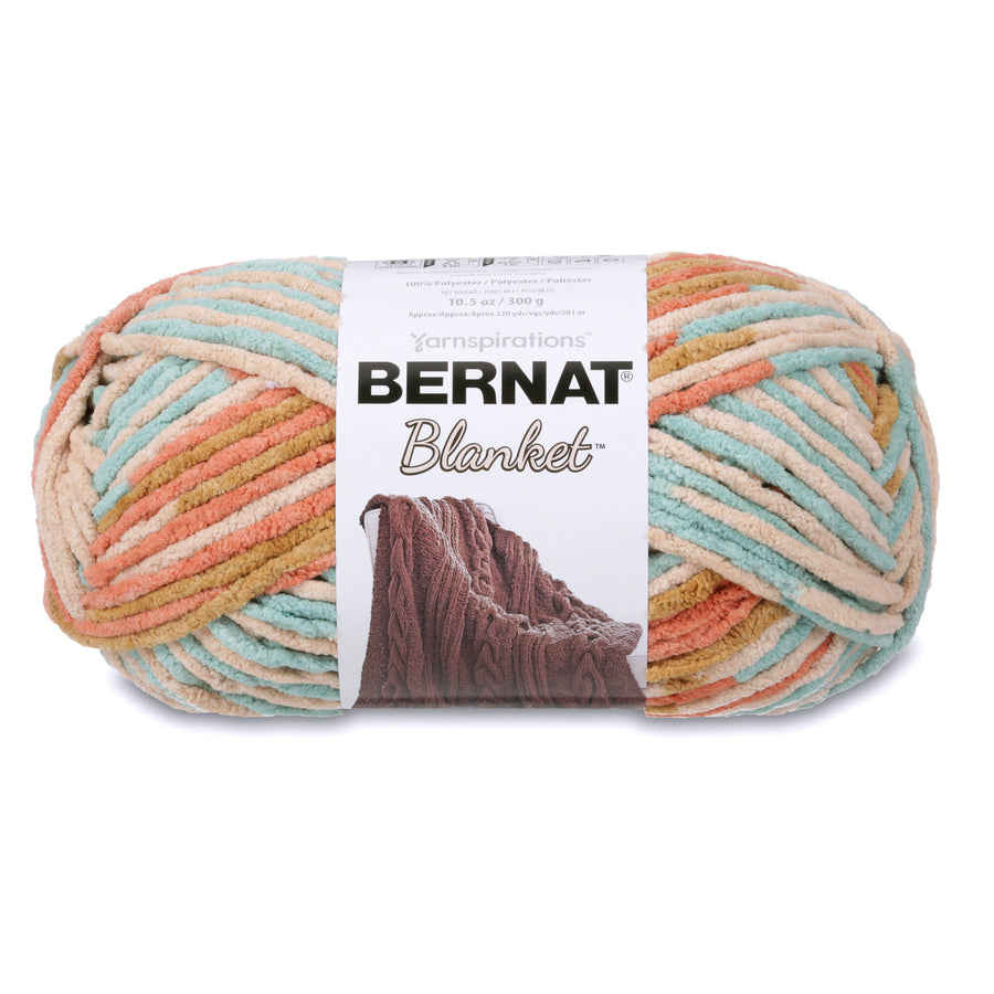 Bernat Blanket 300g super bulky chenille yarn in orange, blue variegated colours; a 100% polyester soft-touch yarn for quick-knit afghans and crochet blankets