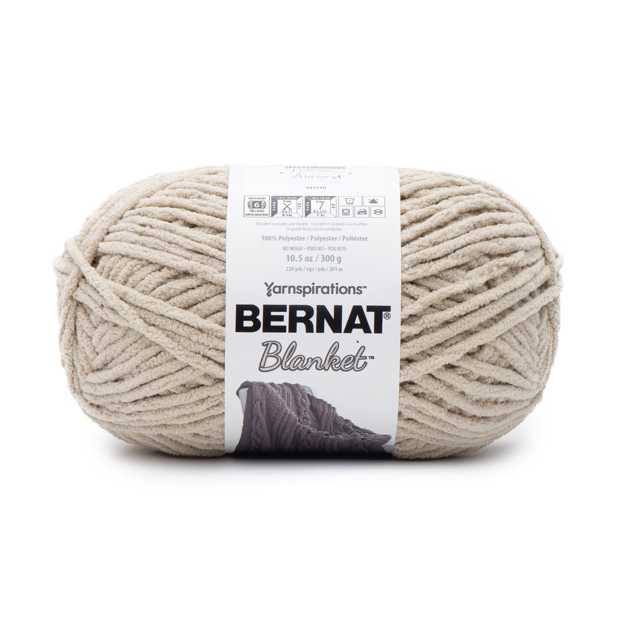 Bernat Blanket 300g super bulky chenille yarn in Almond Color a 100% polyester soft-touch yarn for quick-knit afghans and crochet blankets.