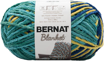 Bernat Blanket Yarn 300g 'Big Ball' in a variegated shade of blue, teal and green; a high-yardage chunky yarn for fast-growing DIY home projects and cozy throws