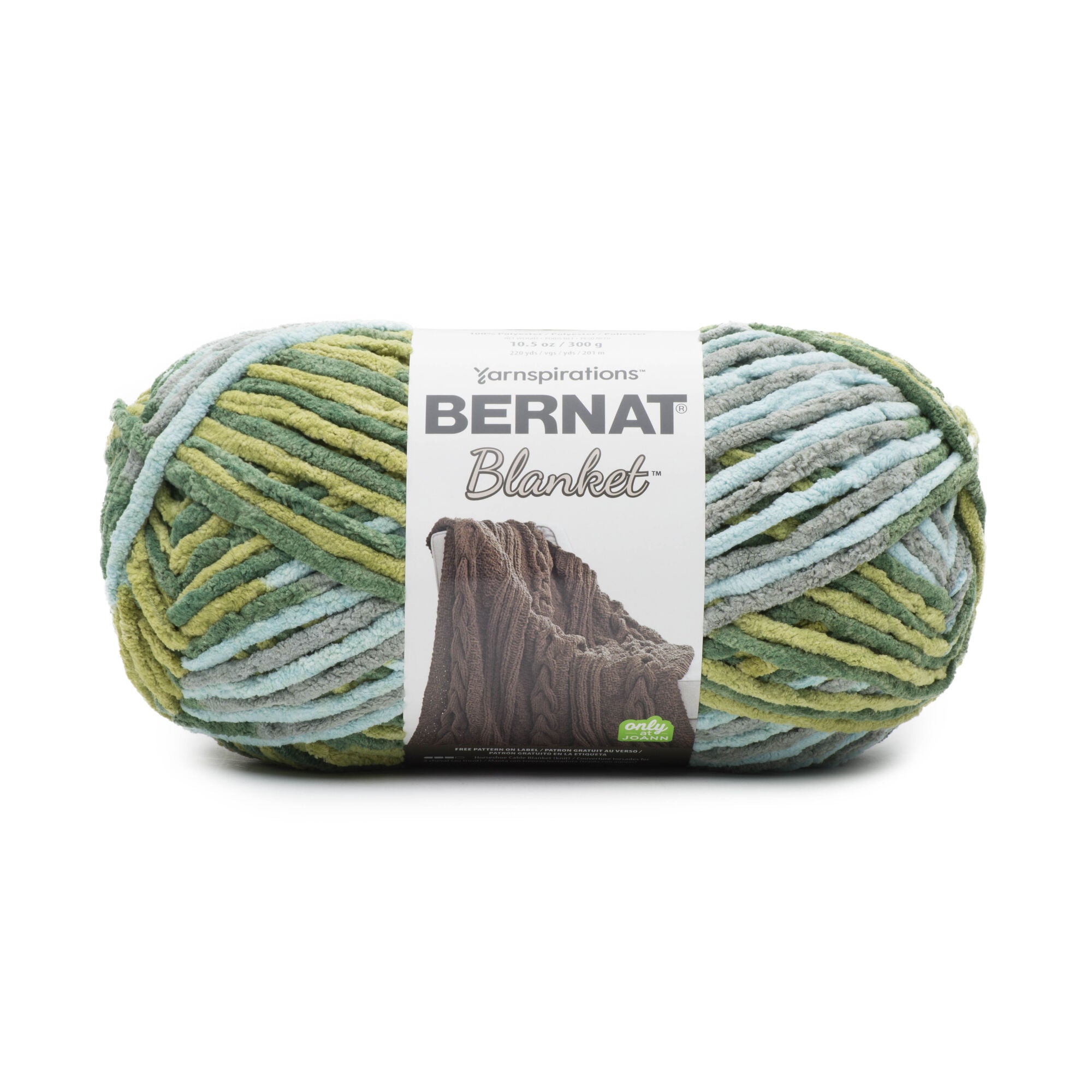 Bernat Blanket Yarn 300g 'Big Ball' in a variegated shade of green; a high-yardage chunky yarn for fast-growing DIY home projects and cozy throws