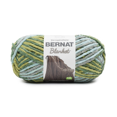 Bernat Blanket Yarn 300g 'Big Ball' in a variegated shade of green; a high-yardage chunky yarn for fast-growing DIY home projects and cozy throws
