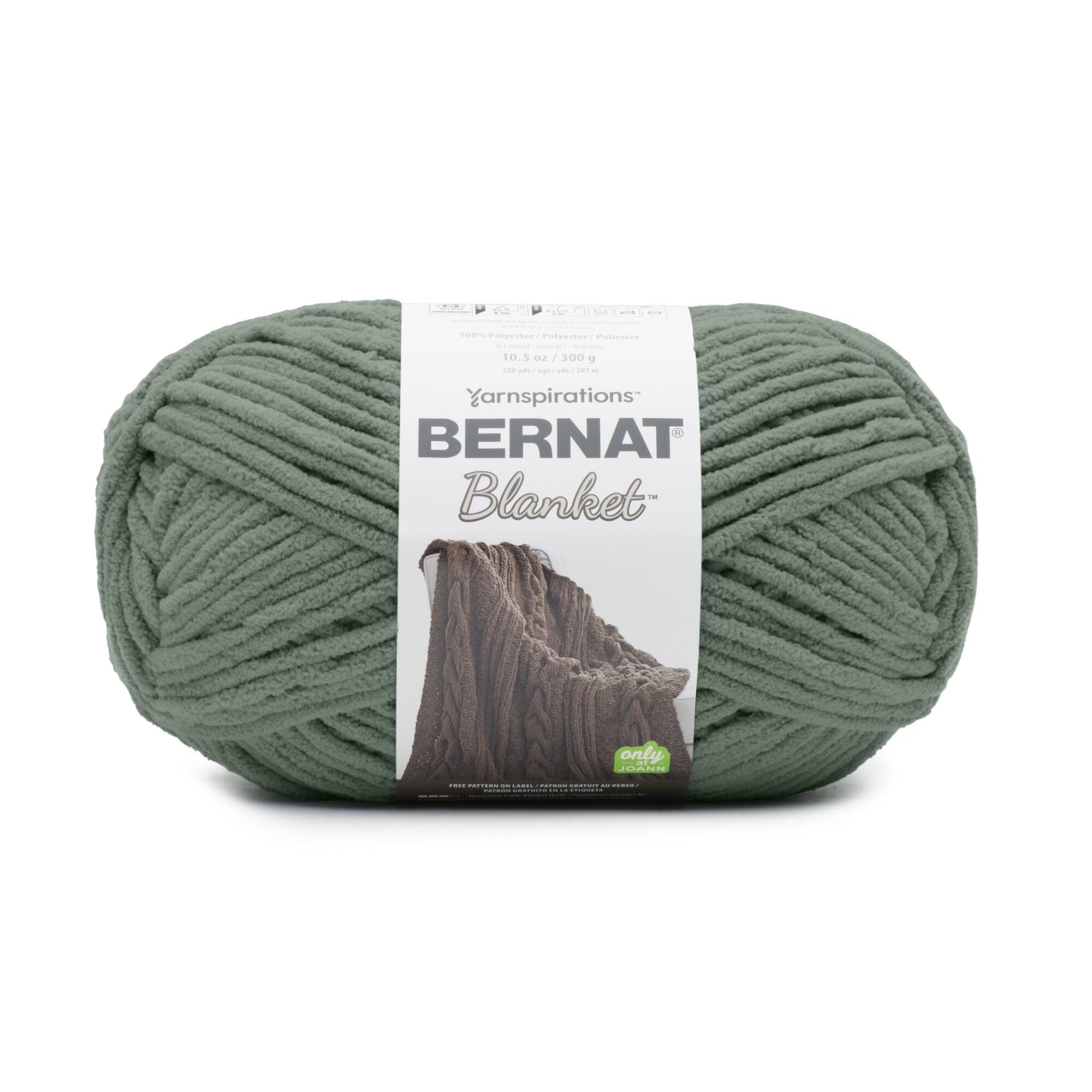 Close-up of Bernat Blanket yarn showing the plush velvety texture; a hypoallergenic and machine-washable yarn ideal for baby blankets and home decor. Smokey green colour
