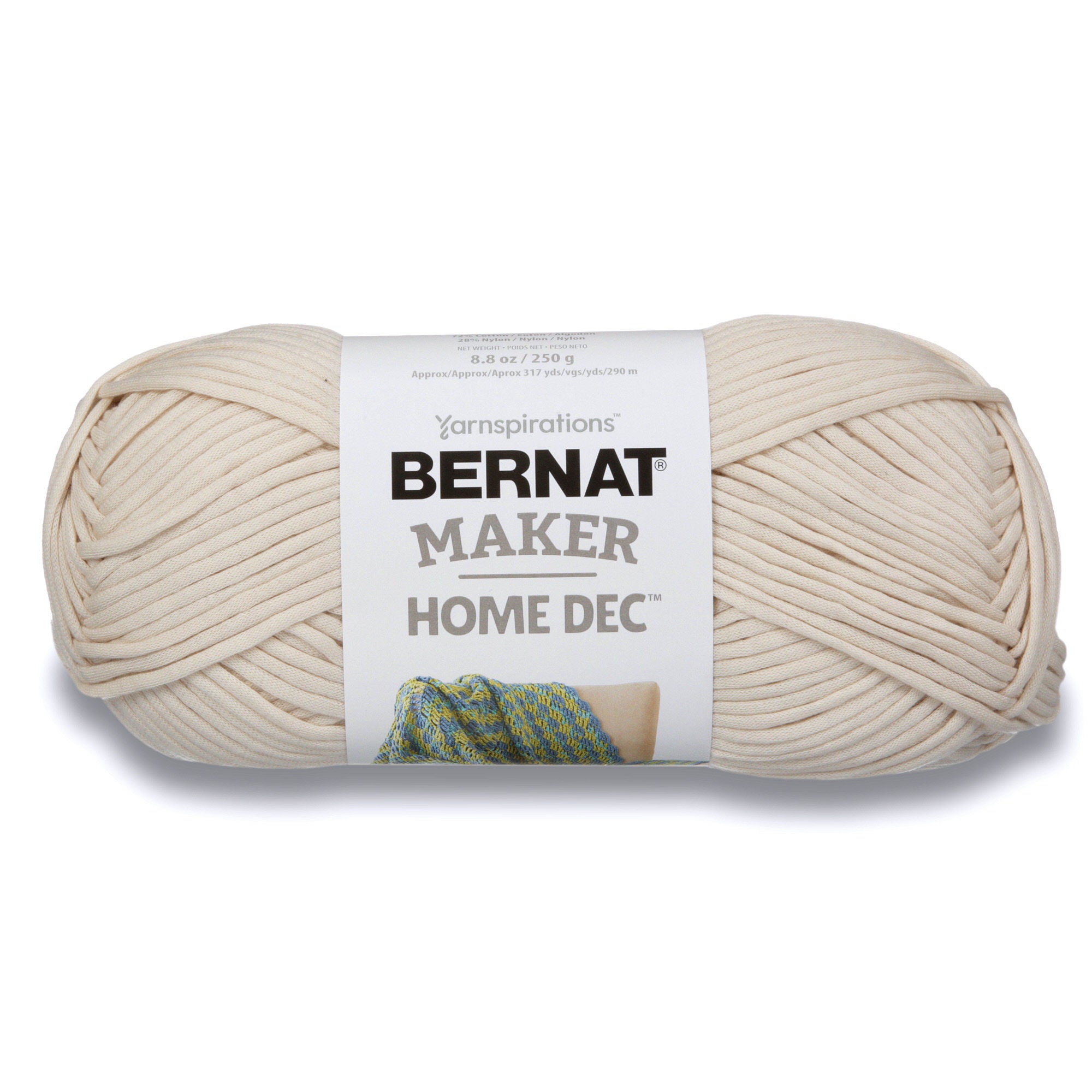 Bernat Maker Home Dec tubular yarn in Cream Color; a chunky 250g cotton-nylon blend for modern crochet baskets and home accessories